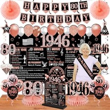 80th Birthday Decorations for Women, Black Rose Gold 25Pcs Black Rose Gold 80th