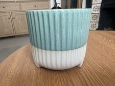 Ribbed Ceramic Plant Pot / Planter -Turquoise & White -4"