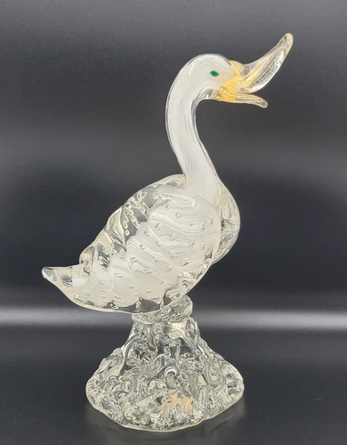 Vtg Murano 8" Art Glass Swan/Bullicante Controlled Bubbles/Aventurine Gold/Italy