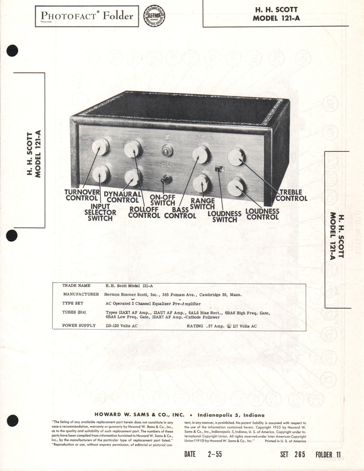 Sams Photofact HH Scott 121-A Tube Preamplifier Manual w/ Schematics (original)