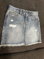 Gap Girls Size 6 Regular Blue Denim Mini Skirt Button Pockets Fringe Belt Loops