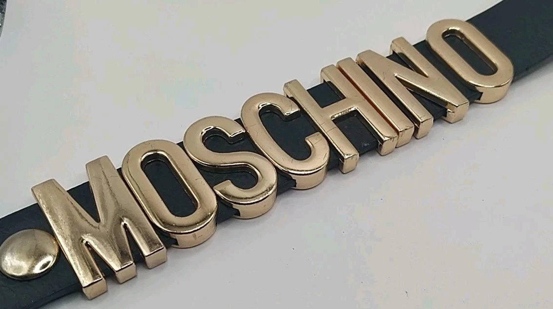 Bracciale Moschino classico grande scritta logo oro nero pelle a scatto