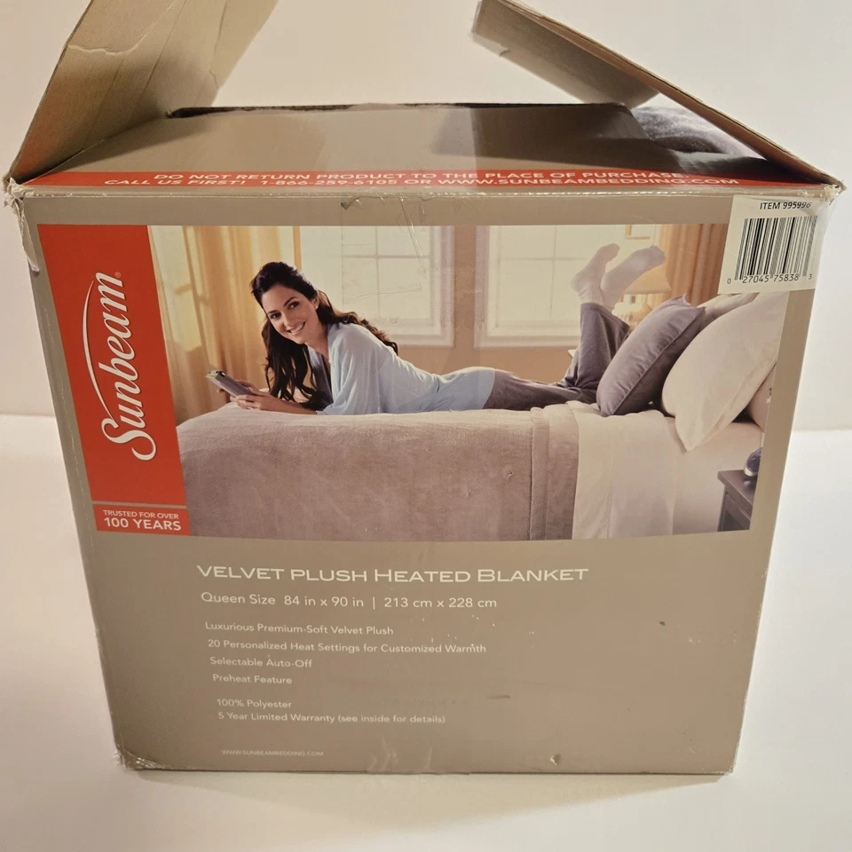Sunbeam Velvet Plush Heated Blanket Queen Size 84" × 90" Electric Warming - Image 4 of 4