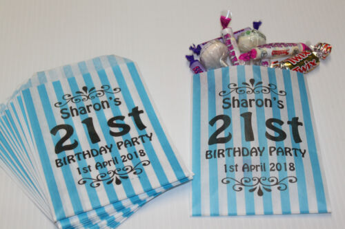 Personalised Birthday Light Blue Striped Sweet Bags, Candy Bar, Pick and Mix - Picture 1 of 10