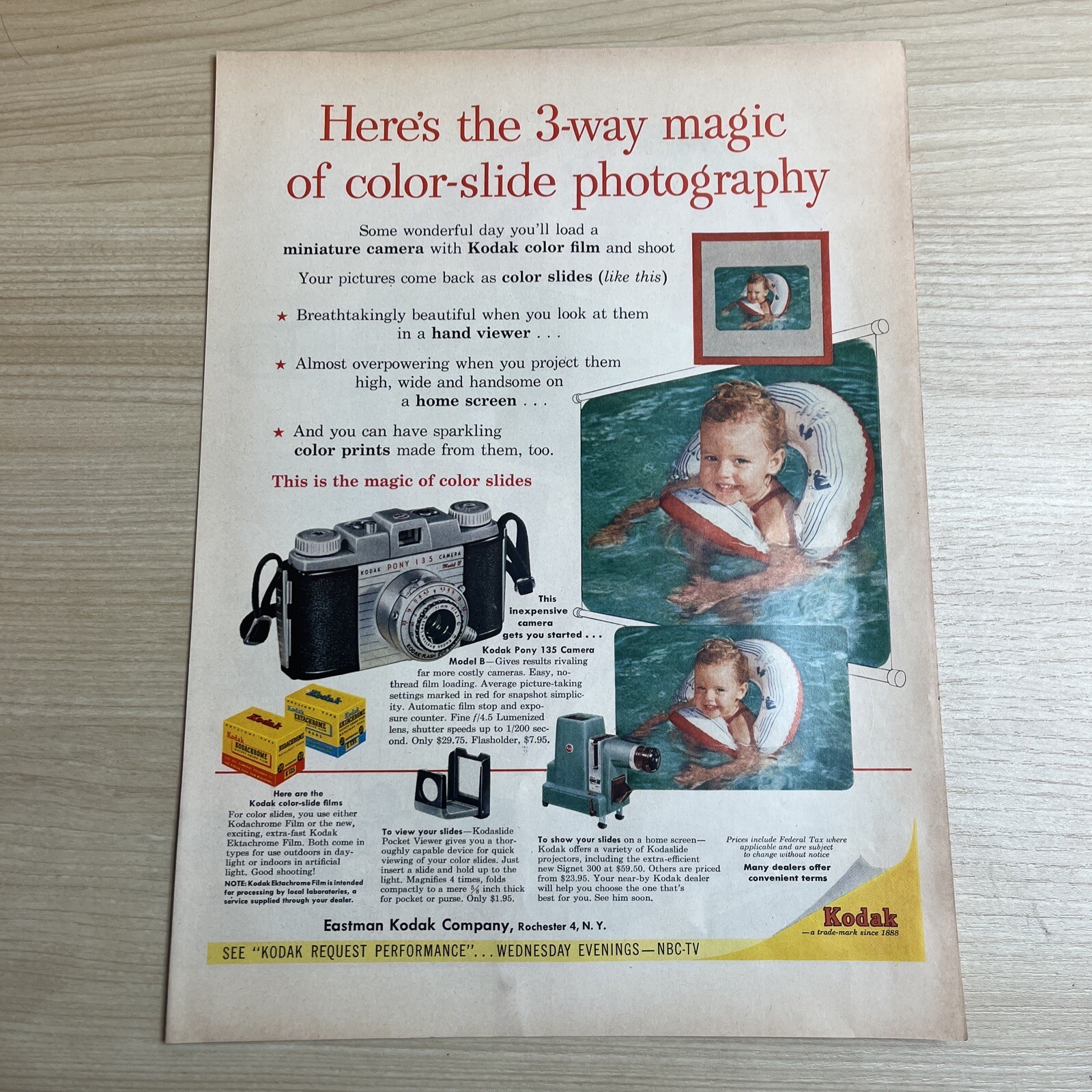 Kodak Pony 135 Camera Model B KodaChrome 1955 Vintage Print Ad Life Magazine