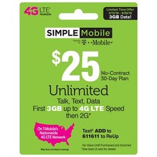 SIMPLE MOBILE Prepaid 25 Refill Top-Up Prepaid Card ,PIN / RECHARGE