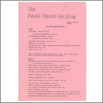 David Bowie Fan Club Discography 1973 (UK)