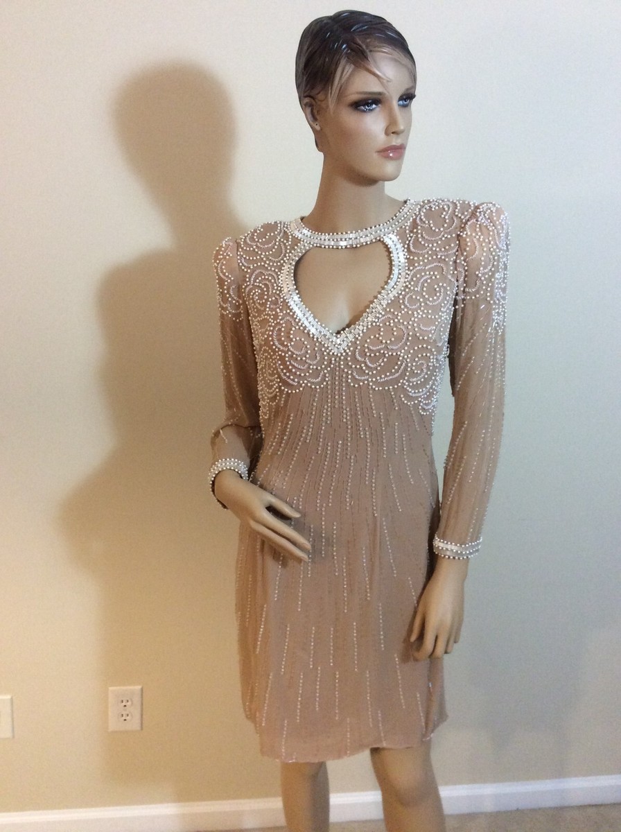 beaded taupe dress Taupe Strapless Pleated Beaded Side Slit Sleeveless Floor Length Sheat WhenGirl