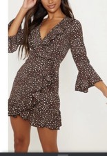 Pretty Little Thing Chocolate Brown Polka Dot Leopard Print Frill Wrap Tea Dress
