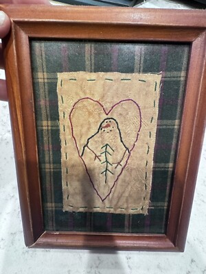 Primitive country stitchery framed home decor handmade Snowman Heart VTG