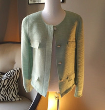 Chanel blazer jacket pale green tweed textured wool blend knit CC logo buttons
