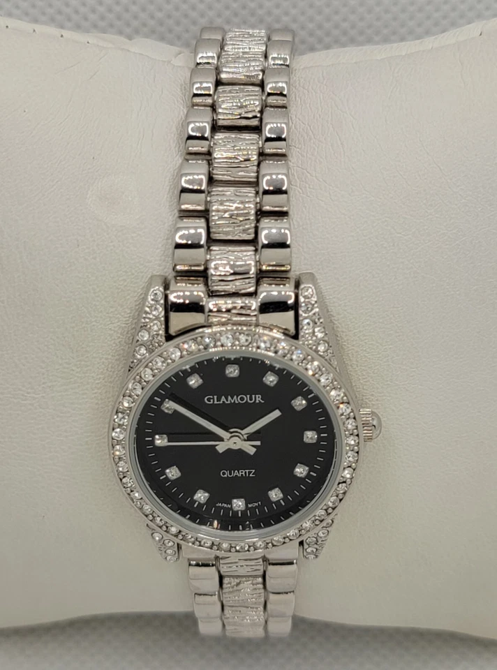 Дамы гламур круглый мощеный серебристого тона черный циферблат ссылка браслет аналоговые часы J2 - Изображение 4 из 4