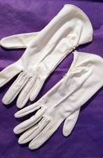 Vintage Ladies White Evening Gloves w/ Pearls Curved Edge Med 10" Long. 1950s