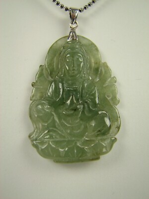 Echte natürliche durchscheinende grüne Jade Anhänger Freeform Guanyin Kwan Yin #968