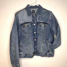 Hand Embroidered Patchwork Collage Gap Medium Wash Blue Jean Denim Jacket
