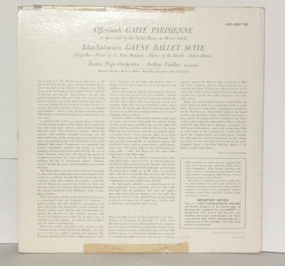 ARTHUR FIEDLER Boston Bops Offenbach Gaite Parisienne LP RCA Living Stereo Vinyl - Image 3 of 3