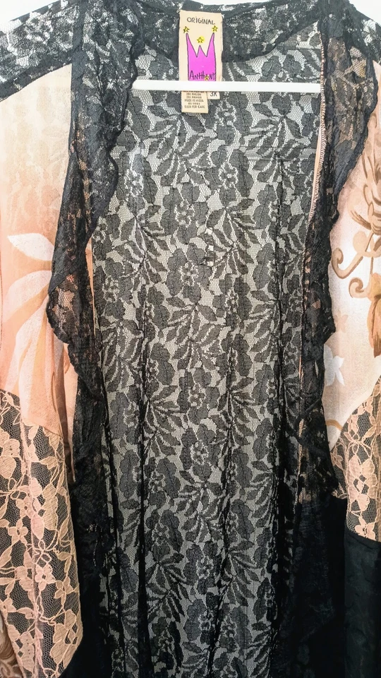 Original Anthony Kimono Top Floral Black Beige Lace Open Jacket Ruffle Hem 3X - Image 3 of 4