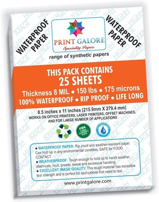 Waterproof Paper | 25 Sheets, Thickness 8 Mil 150 Lb, Synthetic, 8.5x11