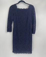 ADRIANNA PAPELL Navy Blue Lace Lined Sheath Dress 3/4 Sleeve Size 8