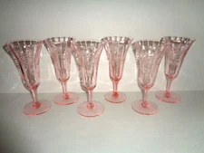 RARE Depression (6) CRYSTAL PANELED PINK FLUTES /CHAMPAGNE GLASSES Floral Design