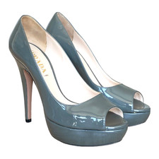 PRADA Gray Patent Leather Peep Toe Platform Pumps, Size 36