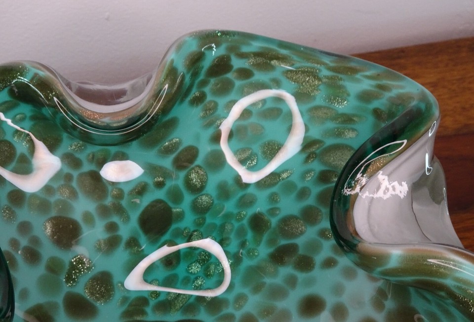Murano Sommerso Glass Bowl Dish, Green & White & Gold, Fratelli Toso