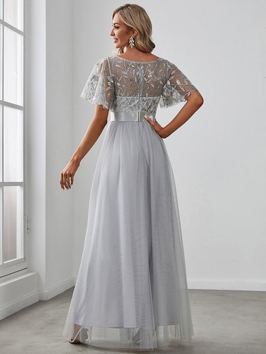 Women's A-Line Short Sleeve Sequin Leaf Floor Length Evening Dresses - Picture 83 of 85