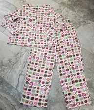 Ladies NICK & NORA Pink Pajama PJ Set Candy Chocolates Sweets Silver Glitter, XL