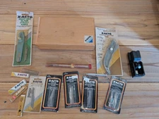 Mixed Vintage X-ACTO Lot W/ Wood Box, Assorted Refill Blades NIB, Tools Etc