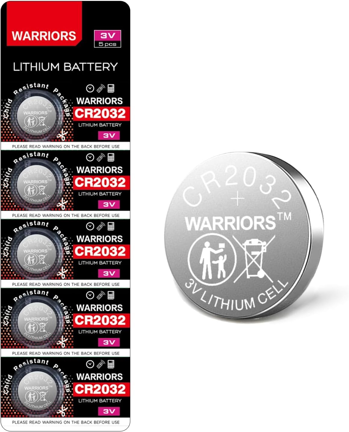 Warriors CR2032 Batteries 5 Pack 3V Lithium Coin Cell Button Battery 2032