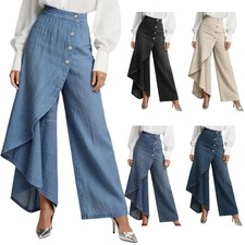 Women s Wide Leg Trousers with Button Detail Wrap Front High Waist Skirted Pants