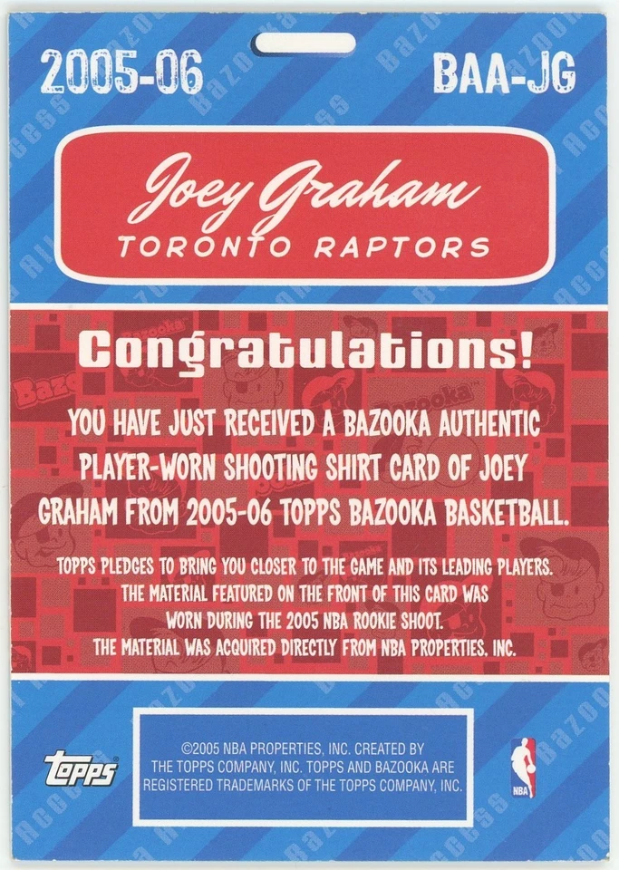 2005-06 Topps Bazooka Joey Graham Game Used Jersey Card Toronto Raptors #BAA-JG - Image 2 of 2
