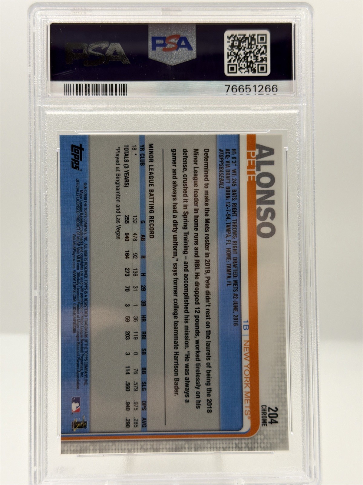 2019 Topps Chrome - Pete Alonso #204 Prism Refractor (RC) PSA 10 view 2