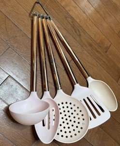 5pc Kitchen Utensil Set Pink Plastic Heads Copper Handles Hanging Loop