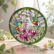 Hummingbird Suncatcher with Vibrant Flower Stained Glass/Decorative Window