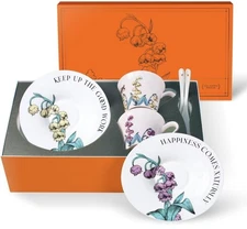 Tea Cup Set 2 Cups 2 Saucers 2 Spoons 7oz Vintage Espresso Coffee Mug Set