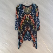 Karen Kane XL Colorful  3/4 Sleeve Sharkbite Hem Stretchy Tunic Top Artsy