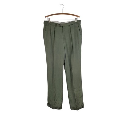 Pierre Balmain Irish Linen Pants Olive Green Cuffed Trousers EU 52 US Mens 36x31