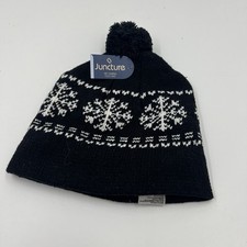 Unisex Men Women Black Toboggan Winter Hat Cap Ski Snowboard Snowflakes NEW