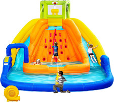 Inflatable Water Slide, Bounce House with Water Bucket, Deep Pool, Climbing Wall