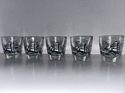 Lot Of 5 Vintage Libbey Atlas-Clipper Ship-themed Shot Glasses