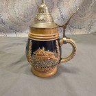 German-Style Breweriana Lidded Beer Stein w/ Pewter Hinged Lid, Painted Scenes — photo 4