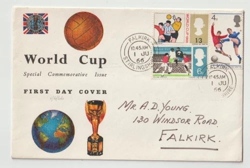 1/6/1966 UK GB FDC - World Cup Football - Jules Rimet Cup - Falkirk CDS Postmark