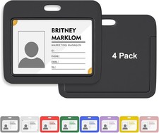 4 Pack Horizontal ID Badge Holder Sliding Black Clear Window Card Protector Case