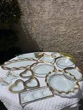 HUGE 13 Piece Set Annieglass Ruffle Trays Platters Plates Bowls 24 Kt Gold Trim