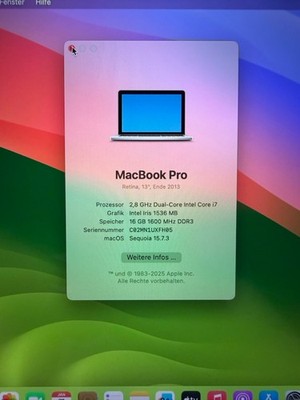 Apple MacBook Pro 13'' (A1502)   Intel Core i7 2,8 GHz, 16 GB RAM, 500 GB SSD