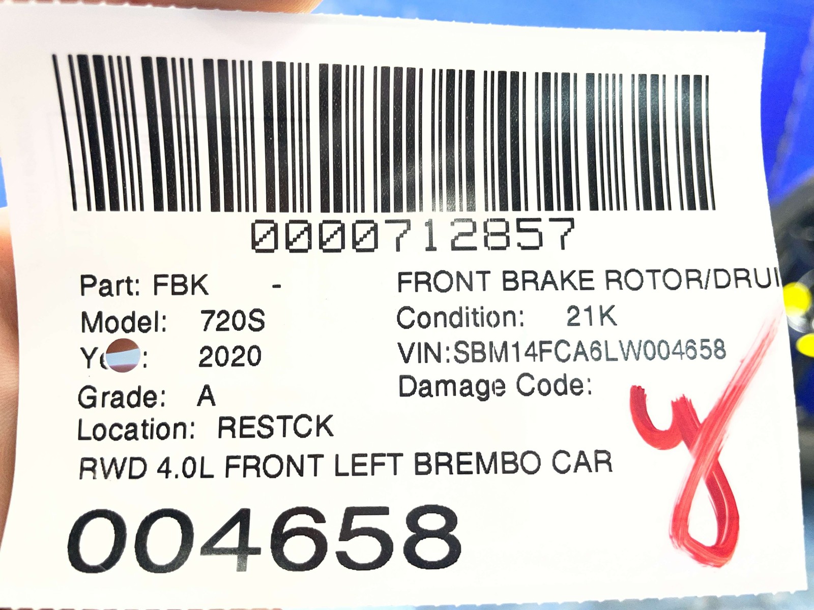 2018-2023 MCLAREN 720S RWD 4.0L FRONT LEFT BREMBO CARBON CERAMIC BRAKE ROTOR