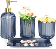 Glass Bathroom Accessories Set, Blue Bathroom Set, 4 Pcs