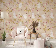 3D Rabbit Floral Pattern Kids Self-adhesive Removeable Wallpaper Wall Mural