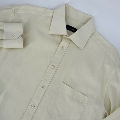 Canali Mens Yellow Herringbone Cotton Dress Shirt Made in Italy Size 17 43